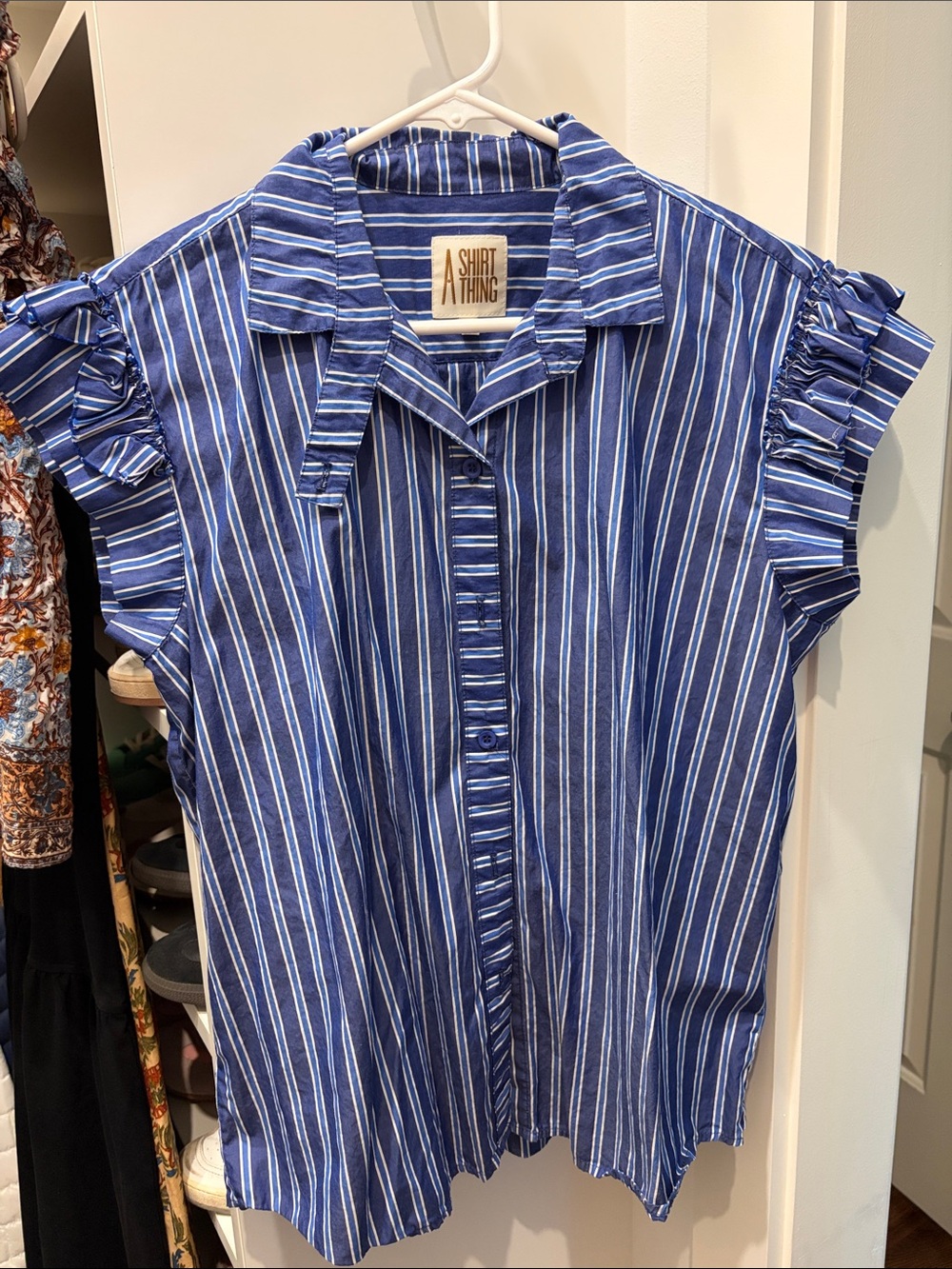 A Shirt Thing Blue Striped Ruffle-Sleeve Button Front Top